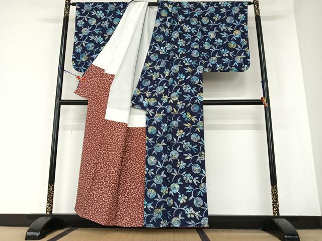 平和屋着物●天然灰汁発酵藍染　古川三郎　小紋　花織　花唐草文　正絹　逸品　AABB0042zg 平和屋着物○天然灰汁発酵藍染 古川三郎 小紋 花織 花唐草文 正絹