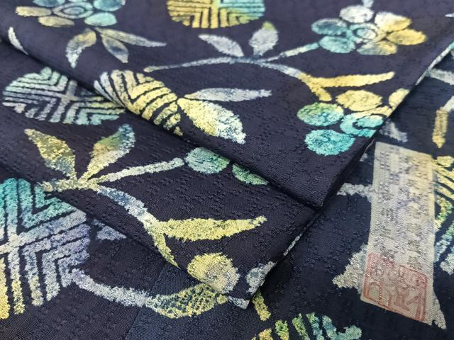 平和屋着物○天然灰汁発酵藍染 古川三郎 小紋 花織 花唐草文 正絹
