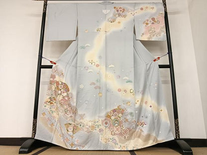 平和屋着物●訪問着 作家物 中国三大刺繍 汕頭刺繍 スワトウ刺繍 地紙重ね梅松文 暈し染め 金彩 正絹 逸品 AABB0050zg