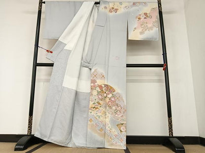 平和屋着物●訪問着 作家物 中国三大刺繍 汕頭刺繍 スワトウ刺繍 地紙重ね梅松文 暈し染め 金彩 正絹 逸品 AABB0050zg