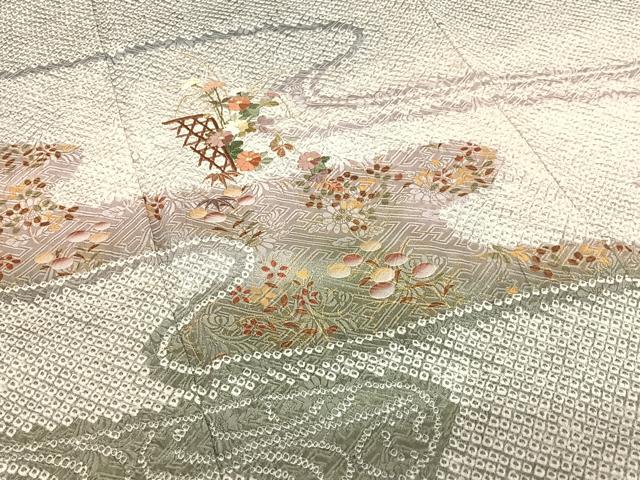平和屋着物●訪問着　絞り　刺繍　花籬文　金彩　正絹　逸品　AABB0055zg