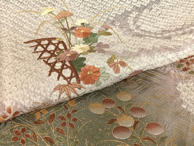 平和屋着物●訪問着　絞り　刺繍　花籬文　金彩　正絹　逸品　AABB0055zg