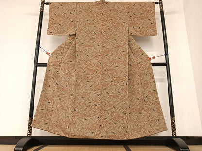 平和屋着物●上質な小紋　型染め　草花文　鬼しぼ縮緬　正絹　逸品　AABB0066zg
