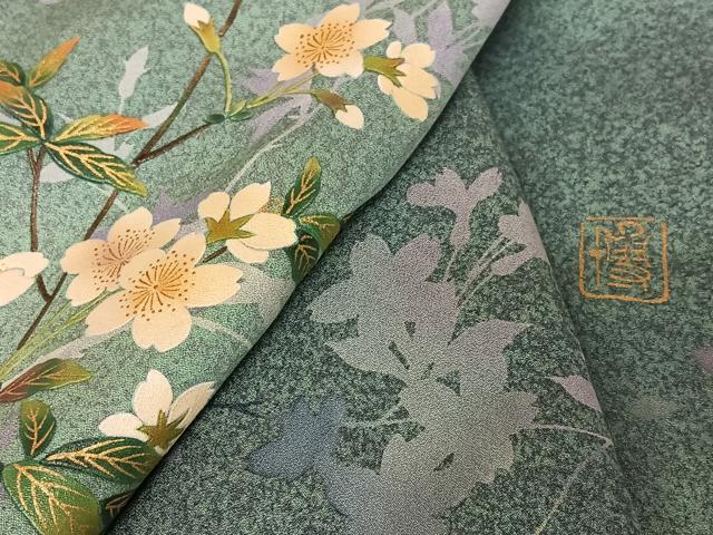 平和屋着物●漆工芸作家　金森一博　訪問着　枝桜　暈し染め　金彩　正絹　逸品　AABB0105zg