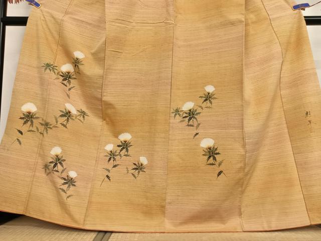 平和屋着物●紅花紬 米沢 訪問着 作家物 彩峯 手描き 紅花 正絹 逸品 AABB0106zg