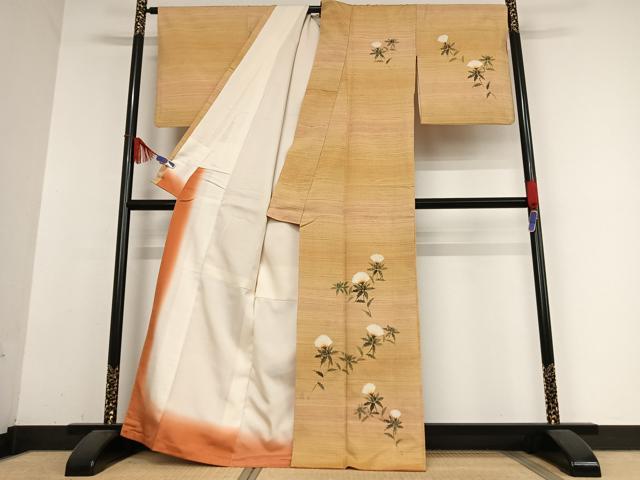 平和屋着物●紅花紬 米沢 訪問着 作家物 彩峯 手描き 紅花 正絹 逸品 AABB0106zg