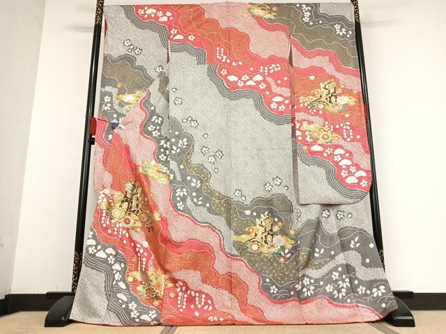 平和屋着物●豪華振袖　駒刺繍　絞り　御所車花文　銀彩　やまと誂製　正絹　逸品　AABG6485ph 平和屋着物○豪華振袖 駒刺繍 絞り 御所車花文 銀彩 やまと誂