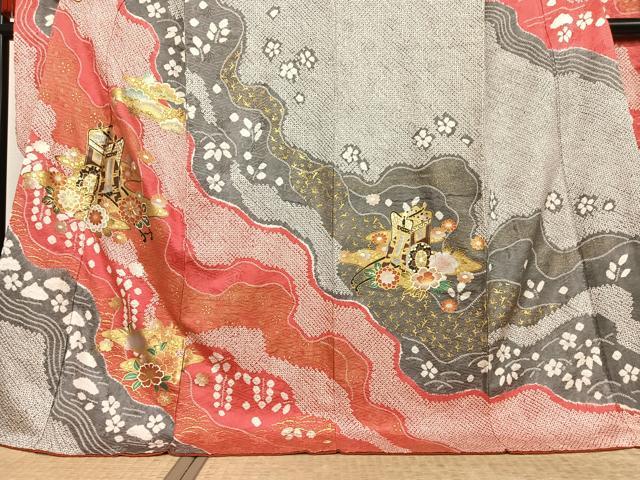 平和屋着物○豪華振袖 駒刺繍 絞り 御所車花文 金彩 正絹 逸品 AABB0113zg