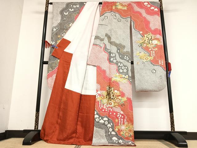平和屋着物●豪華振袖　駒刺繍　絞り　御所車草花文　金彩　正絹　逸品　AABG5796ph 平和屋着物○豪華振袖 総絞り 駒刺繍 草花丸文 黒地 金彩 正絹 逸品