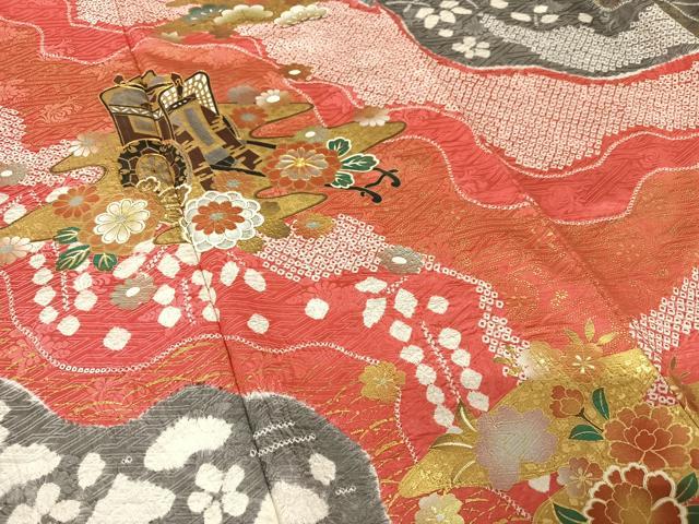 平和屋着物○豪華振袖 駒刺繍 絞り 御所車花文 金彩 正絹 逸品 AABB0113zg