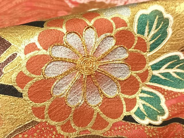平和屋着物○豪華振袖 駒刺繍 絞り 御所車花文 金彩 正絹 逸品 AABB0113zg