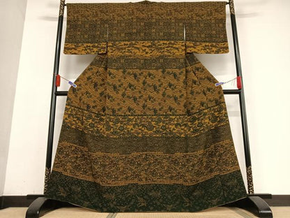 平和屋着物●訪問着　型染め　横段花鳥文　正絹　逸品　AABB0114zg