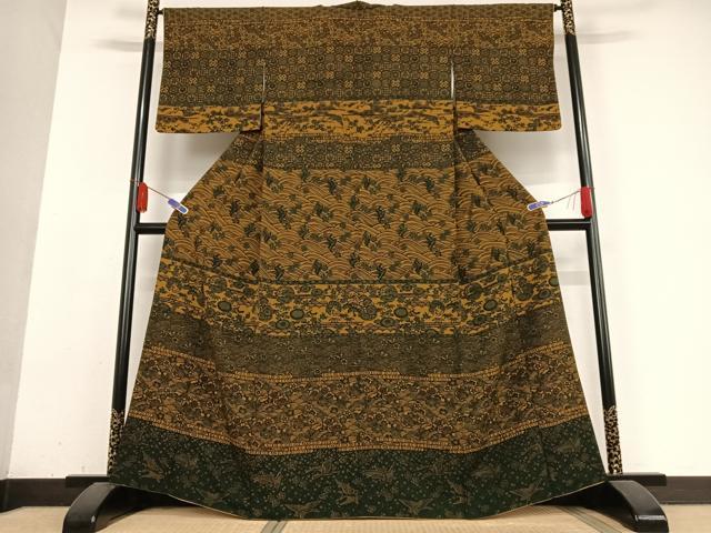 平和屋着物●訪問着　型染め　横段花鳥文　正絹　逸品　AABB0114zg