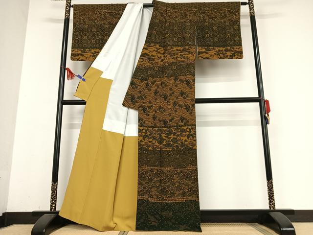 平和屋着物●訪問着　型染め　横段花鳥文　正絹　逸品　AABB0114zg
