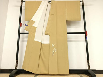 平和屋着物●本加賀友禅作家　柿本市郎　訪問着　枝梅文　黄土色地　正絹　逸品　AABB0144zg