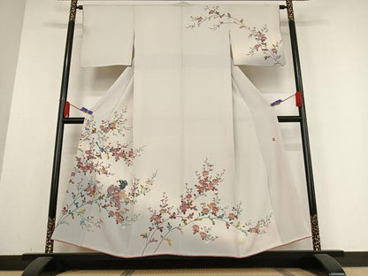 平和屋着物●訪問着 友禅 作家物 枝花に休み鳥 童子 正絹 逸品 AABB0152zg