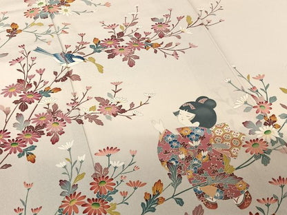 平和屋着物●訪問着 友禅 作家物 枝花に休み鳥 童子 正絹 逸品 AABB0152zg