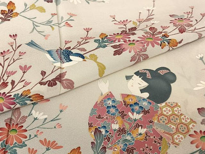 平和屋着物●訪問着 友禅 作家物 枝花に休み鳥 童子 正絹 逸品 AABB0152zg