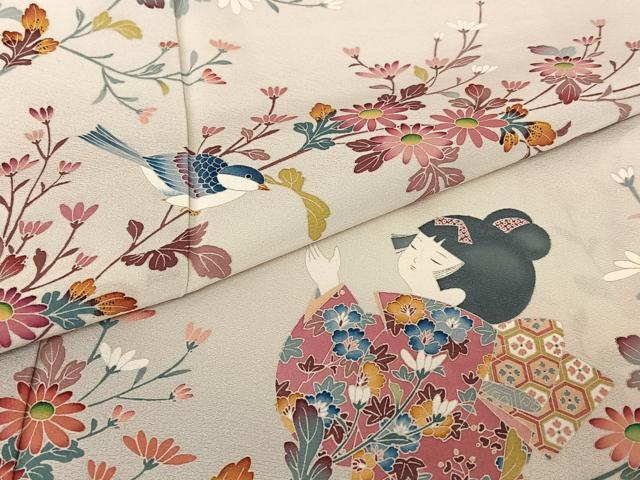平和屋着物●訪問着 友禅 作家物 枝花に休み鳥 童子 正絹 逸品 AABB0152zg