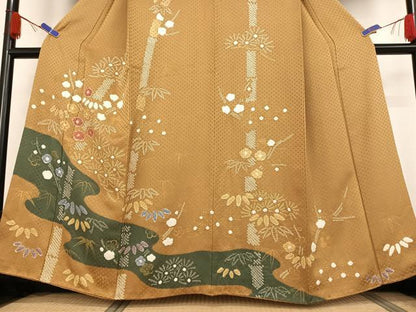 平和屋着物●訪問着　手描き　絞り　松竹梅　金彩　正絹　逸品　AABB0154zg