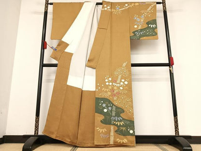 平和屋着物●訪問着　手描き　絞り　松竹梅　金彩　正絹　逸品　AABB0154zg
