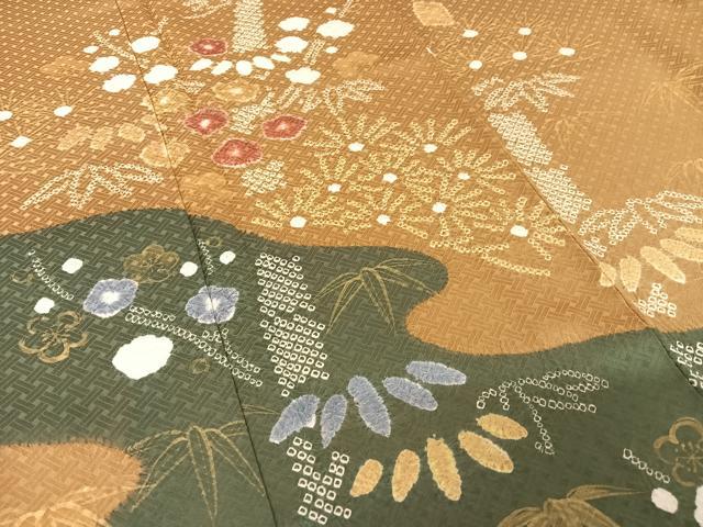 平和屋着物●訪問着　手描き　絞り　松竹梅　金彩　正絹　逸品　AABB0154zg