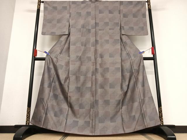平和屋着物●お召 市松花文 正絹 逸品 AABB0158zg