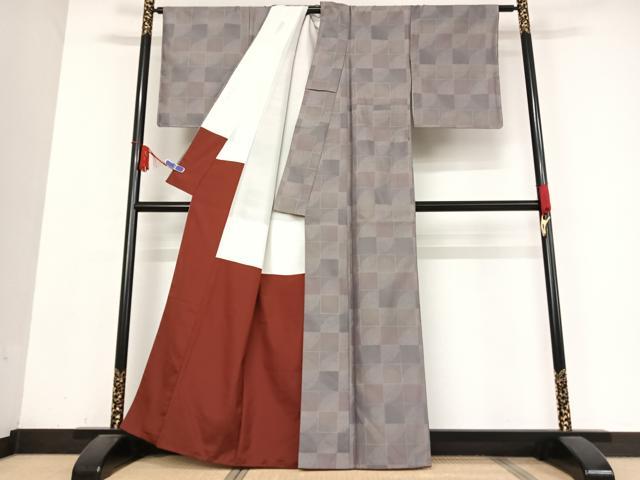 平和屋着物●お召 市松花文 正絹 逸品 AABB0158zg