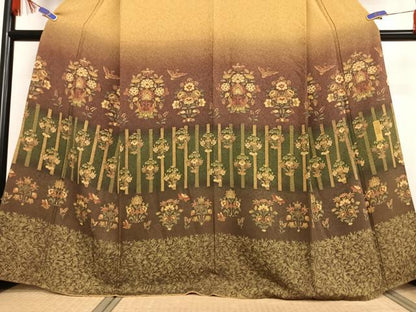 平和屋着物●訪問着 双鳥花蝶文 本苔染 正絹 逸品 AABB0171zg