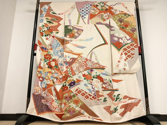 平和屋着物●豪華振袖　駒刺繍　草花文　金彩　正絹　逸品　AABB0184zg