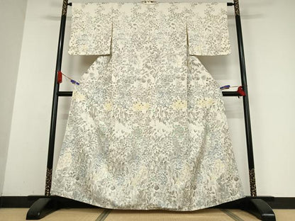 平和屋着物●訪問着 紬地 手描き 草花文 正絹 逸品 AABB0198zg