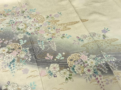 平和屋着物●訪問着 作家物 絞り 辻が花 流水雪輪花文 暈し染め 金彩 金通し地 正絹 逸品 AABB0209zg