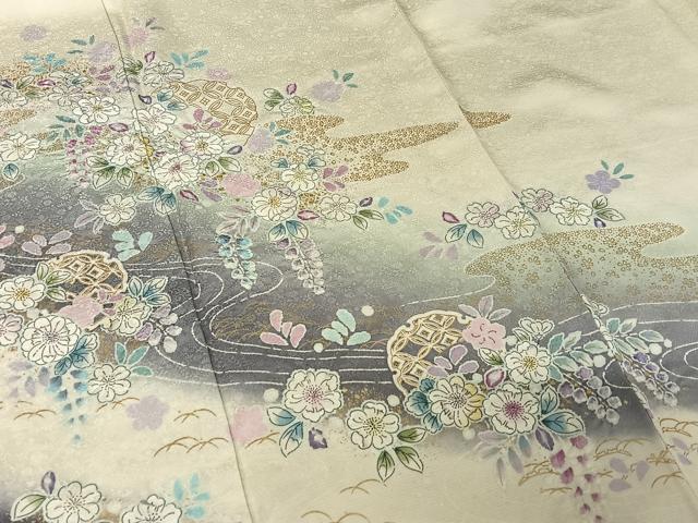 平和屋着物●訪問着 作家物 絞り 辻が花 流水雪輪花文 暈し染め 金彩 金通し地 正絹 逸品 AABB0209zg