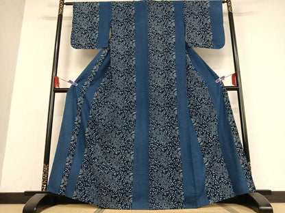 平和屋着物▽片貝木綿　小紋　単衣　本藍　菊　綿　逸品　AABB0210zg