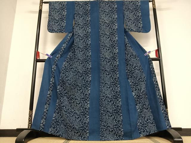 平和屋着物▽片貝木綿　小紋　単衣　本藍　菊　綿　逸品　AABB0210zg