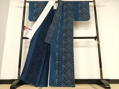 平和屋着物▽片貝木綿　小紋　単衣　本藍　菊　綿　逸品　AABB0210zg