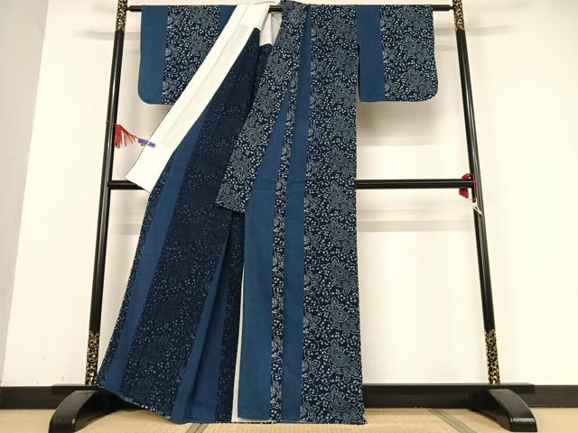 平和屋着物▽片貝木綿　小紋　単衣　本藍　菊　綿　逸品　AABB0210zg