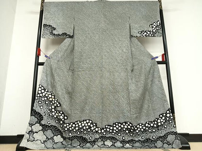 平和屋着物●訪問着 駒刺繍 絞り 舞花文 黒地 さが美扱い ロング丈 正絹 逸品 未使用 AABB0214zg