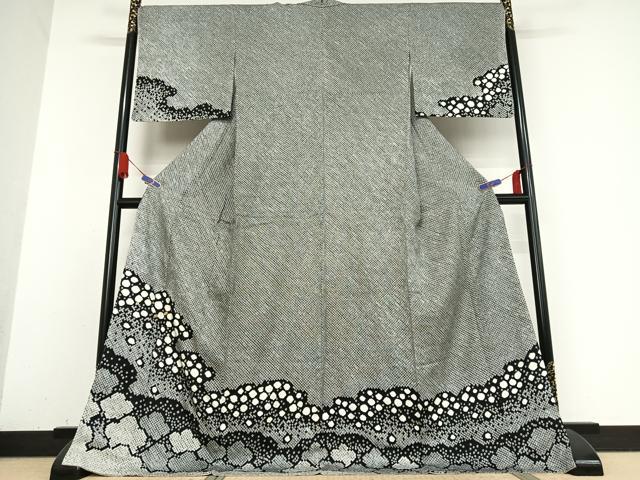 平和屋着物●訪問着 駒刺繍 絞り 舞花文 黒地 さが美扱い ロング丈 正絹 逸品 未使用 AABB0214zg