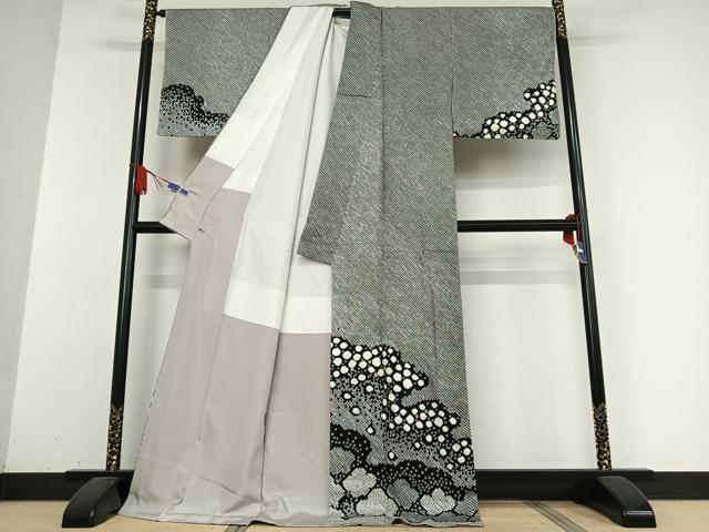 平和屋着物●訪問着 駒刺繍 絞り 舞花文 黒地 さが美扱い ロング丈 正絹 逸品 未使用 AABB0214zg