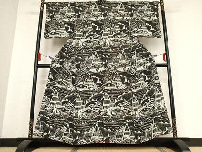 平和屋着物●訪問着　型染め　風景文　正絹　逸品　AABB0277zg