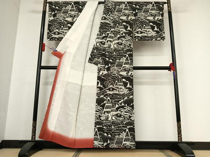 平和屋着物●訪問着　型染め　風景文　正絹　逸品　AABB0277zg