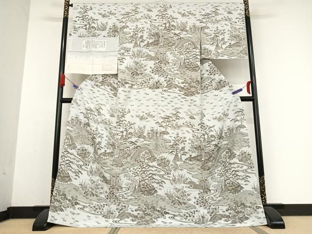 平和屋着物○天然玉糸紬 倭文紬 織元敬白 松竹梅風景文 反端