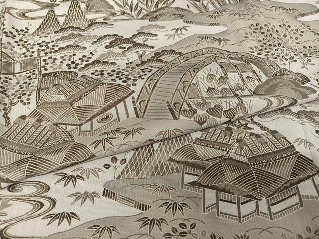 平和屋着物●天然玉糸紬　倭文紬　織元敬白　松竹梅風景文　反端付き　ロング丈　正絹　逸品　AABB0347zg 平和屋着物○天然玉糸紬 倭文紬 織元敬白 松竹梅風景文 反端