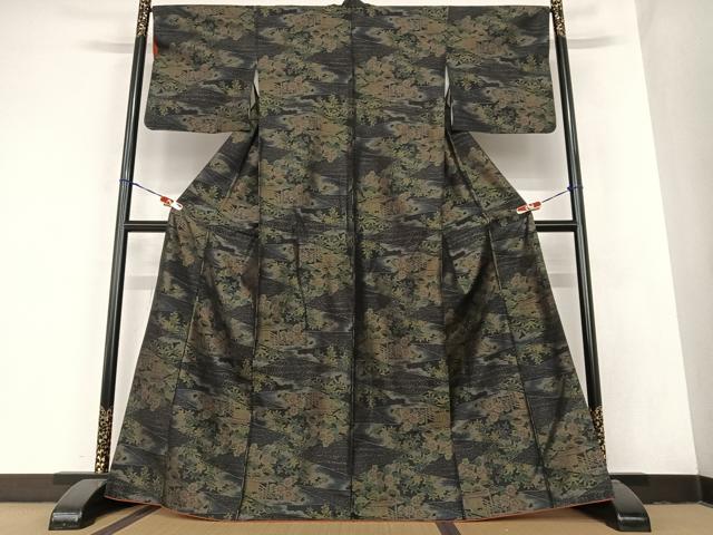 平和屋着物●本場大島紬　風景草花文　黒地　正絹　逸品　AABB0355zg