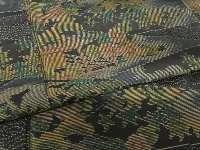 平和屋着物●本場大島紬　風景草花文　黒地　正絹　逸品　AABB0355zg