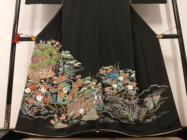 平和屋着物●豪華黒留袖 友禅 刺繍 風景草花文 金彩 正絹 逸品 AABB0432ph