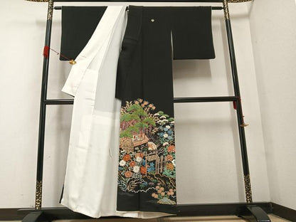 平和屋着物●豪華黒留袖 友禅 刺繍 風景草花文 金彩 正絹 逸品 AABB0432ph