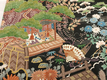 平和屋着物●豪華黒留袖 友禅 刺繍 風景草花文 金彩 正絹 逸品 AABB0432ph