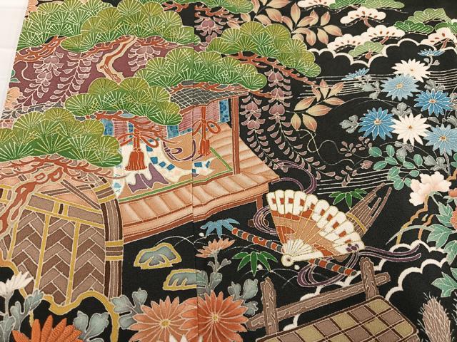 平和屋着物●豪華黒留袖 友禅 刺繍 風景草花文 金彩 正絹 逸品 AABB0432ph